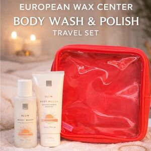 European Wax Center Travel Set with Body Wash , Body Polish and Red Pouch